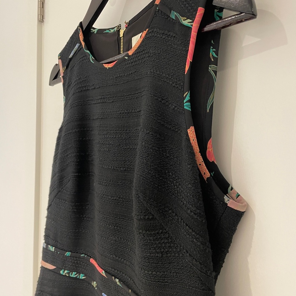 Kate Spade Black Textured Sleeveless A-Line Dress with Floral Trim Details